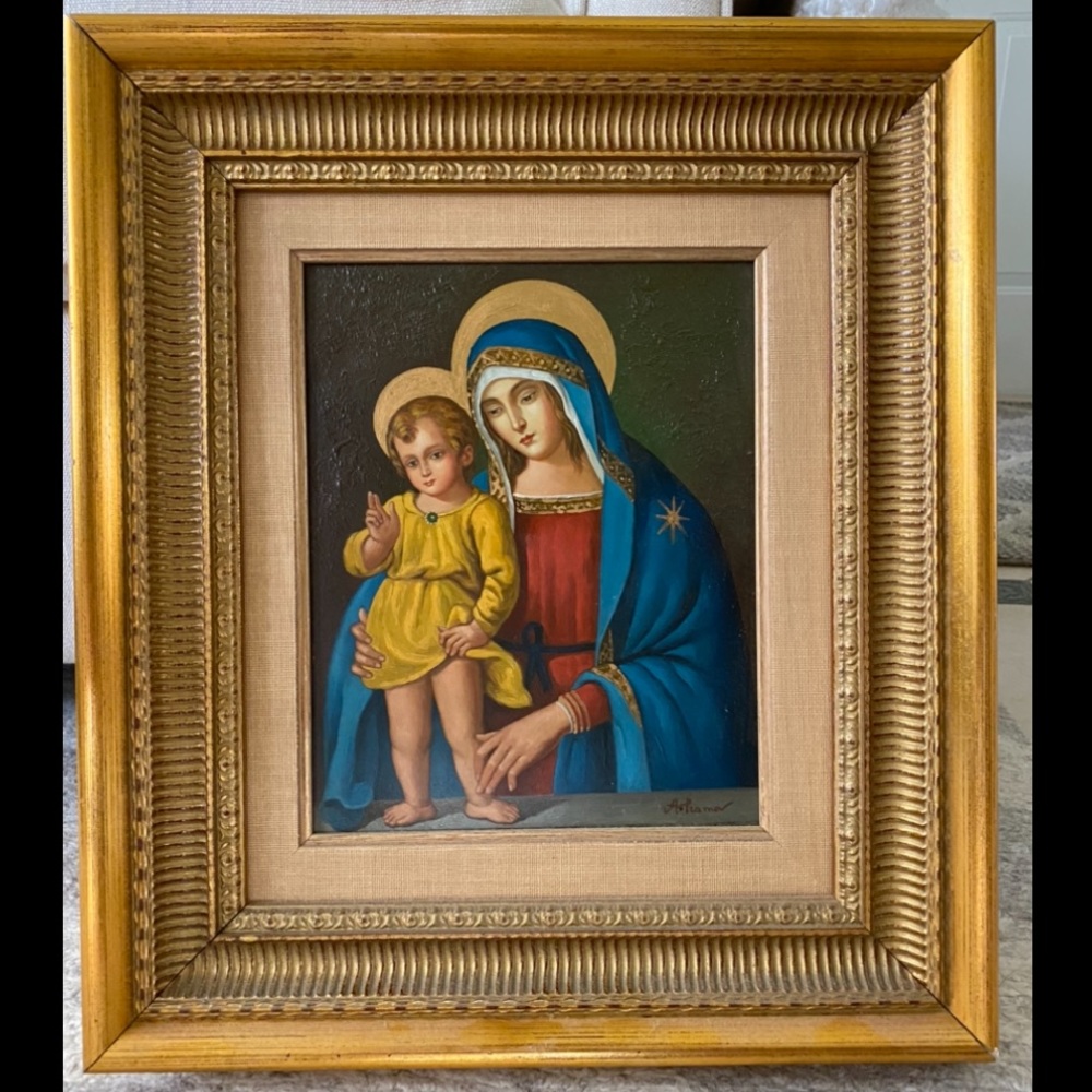 Madonna and Child Oil Painting, Signed 14.5 x 16.5